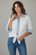 Chemise Blanche Oversize En Coton À Détails Denim & Dentelle