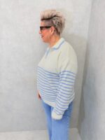 Pull rayé écru et rose avec col polo contrasté – Grande Taille – Douceur graphique et style casual chic – Image 6