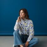 Chemise Fleurie Bleu Et Jaune En Coton À Col Officier