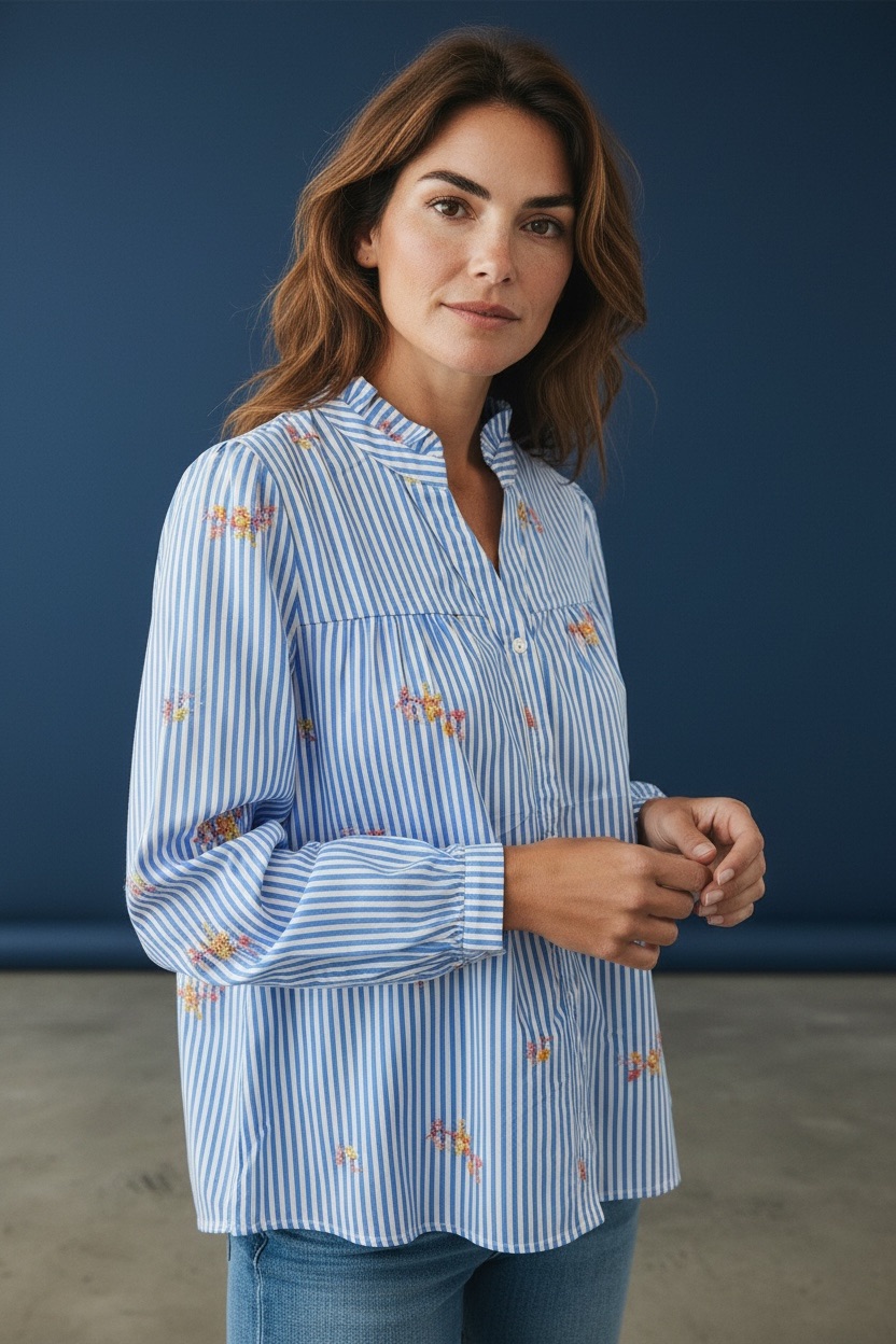 Photoroom_20260129_125117 Chemise Rayée Bleue En Coton Avec Broderies Délicates Et Col Froncé – Image 1