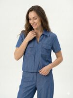 Top Effet Denim À Col Chemise Et Poches Plaquées