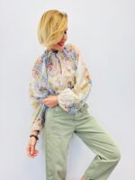 Blouse Fluide Imprimé Floral Col Noué Élégant