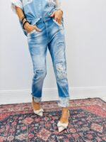 Jean Coupe Baggy Détails Fleurs Denim Bohème – Image 3