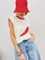 Pull Sans Manches Maille Douce Motif Piment Rouge