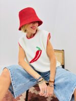 Pull Sans Manches Maille Douce Motif Piment Rouge – Image 5