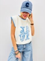 Pull Sans Manches Maille Douce Motif Poissons Bleu – Image 5