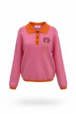 Pull Col Polo Contrasté Brodé Fleur – Image 4