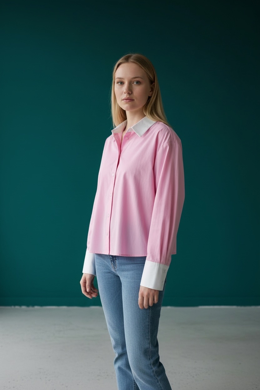 Photoroom_20260206_143022 Chemise Rose À Col Et Poignets Blancs Élégance Intemporelle – Image 1