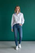 Chemise Blanche À Détails Rayés Contrastants Élégance Moderne – Image 2