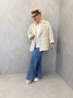 Veste Tailleur Texturée À Carreaux Tons Naturels – Grande Taille